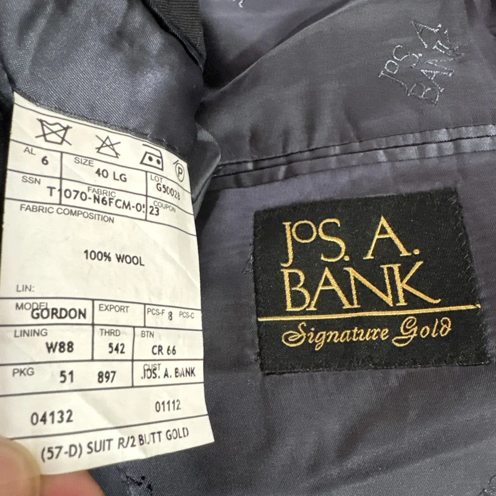 Jos A Bank Signature Gold 2 Piece Dark Gray 100% Wool Suit 40L Pants 34 x 31